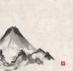 Mountains hand-drawn with ink in Japanese style 