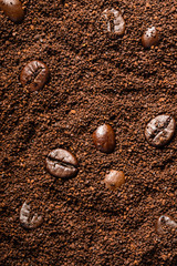coffee beans and coffee powder, top view