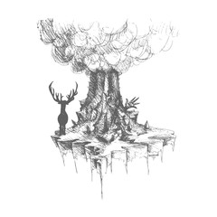 Obraz premium Vector deer on island from rocks and volcano