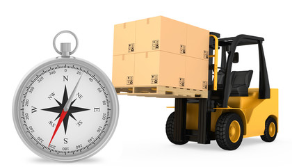 Forklift truck with cardboard boxes and compass on a white
