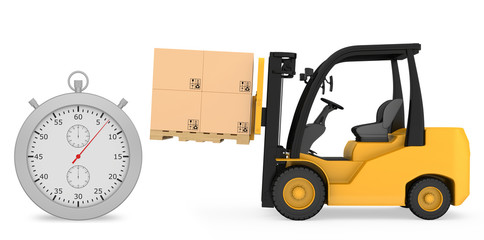 Forklift truck with cardboard boxes and stopwatch on a white