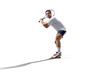 isolated on white young man is playing tennis