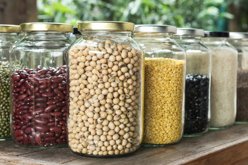 Close-up Soybean in a glass jar with multi colour bean