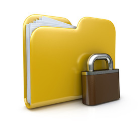 Yellow folder icon and lock. Data security concept. 3d 