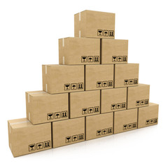 pyramid of cardboard boxes on a white background