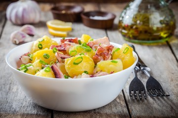 Italian food: salad with octopus, potatoes and onions