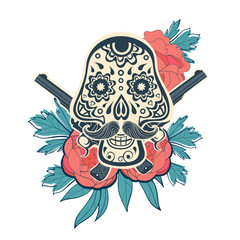 Hand drawn sugar skull with flowers and guns
