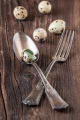 vintage silverware with quail eggs
