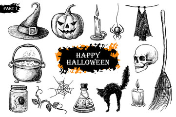 Fototapeta premium Vector hand drawn Halloween set. Vintage illustration.