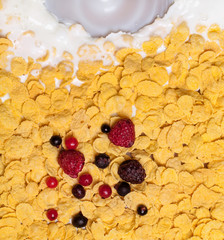 view of milk pouring into cornflakes