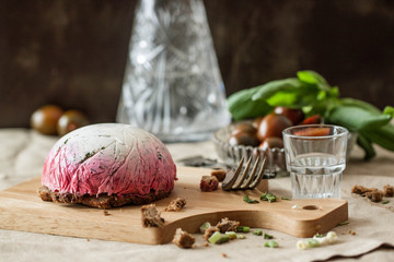 russian snack on wooden board
