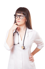 Woman  in a white lab coat and glasses