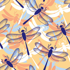 Seamless pattern with dotted dragonflies in blue