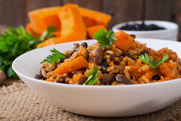 Mexican vegan vegetable pilaf with haricot beans and pumpkin