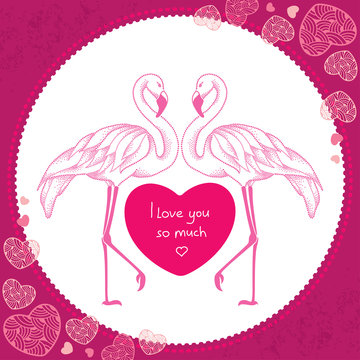 Two dotted pink flamingo with red heart in the round frame