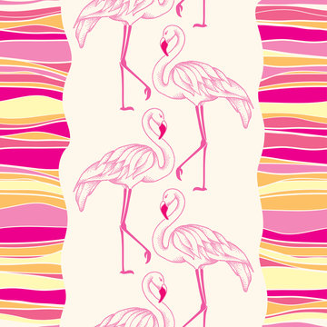 Seamless pattern with dotted pink flamingo and colorful stripes