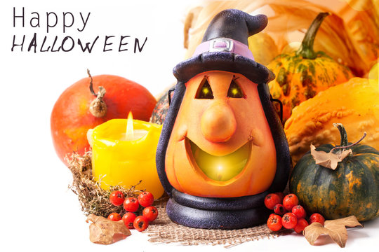 Halloween lantern and pumpkins