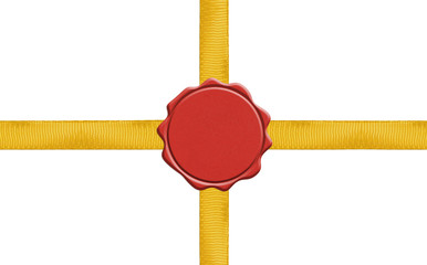 sceau de cire rouge sur emballage cadeau, fond blanc