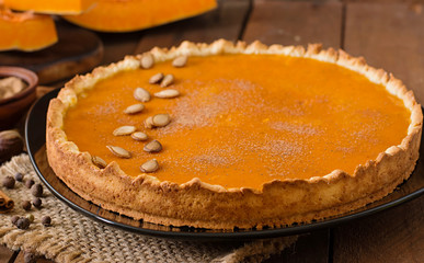 American pumpkin pie with cinnamon and nutmeg