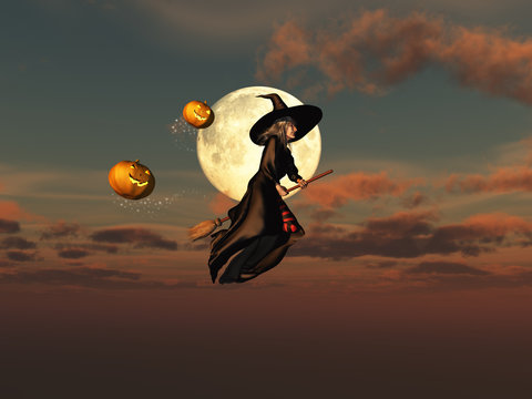 Bruja volando sobre una escoba