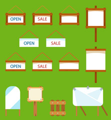 Wooden and paper signboards hanging on a rope and banners. Vector set isolated.