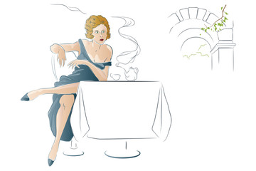 Fototapeta na wymiar Vector illustration - Girl drinks tea at a cafe table