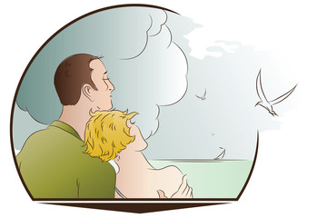 Vector illustration. Romantic scene. Man and woman on the beach