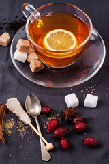 Cup of tea with sugar and spices