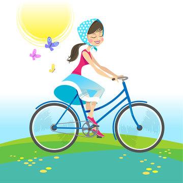 Girl riding bike on summer vacation. Vector illustration.