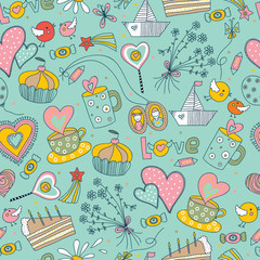 Love seamless pattern. Cute doodle. Romantic hand drawn background. Vector illustration
