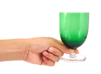 Man holding an antique and green glass of wine isolated on a