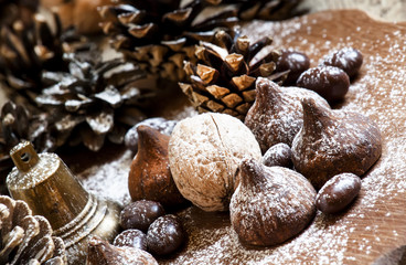 Christmas and New Year composition with fir cones, nuts