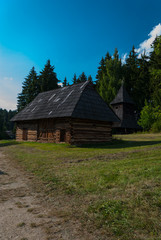 Fototapeta na wymiar Cottage and Belfry - Museum of the Slovak Village, Martin, Slovakia