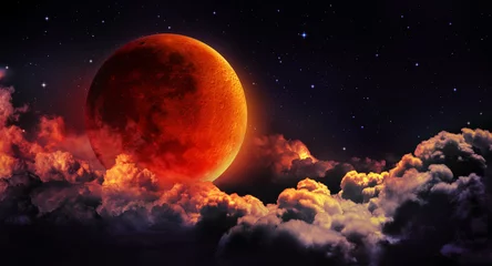 Papier Peint photo Pleine lune éclipse de lune - planète sang rouge avec des nuages