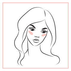 Beautiful female face 2. Vector black and white illustration