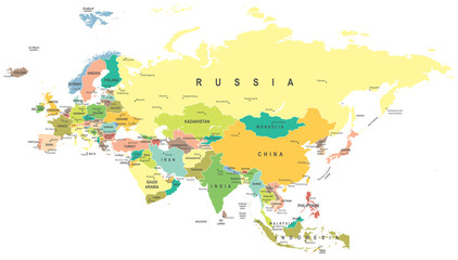 Eurasia map - highly detailed vector illustration. - obrazy, fototapety, plakaty