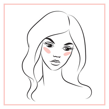 Beautiful female face 2. Vector black and white illustration