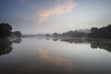 Fototapeta na wymiar Beuatiful dawn sunrise landscape over misty lake in Summer