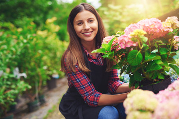 Smiling happy woman displaying a pink hydrangea
