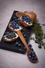 Tasty healthy food bread cream cheese blueberry juicy organic
