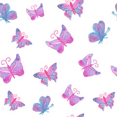 Fototapeta na wymiar Hand painted real watercolor pink blue butterfly - seamless patt