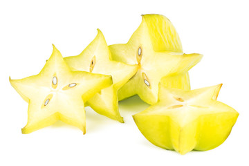 Close-up of four carambola (starfruit) slices, isolated on white background.