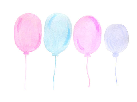 Hand painted real watercolor pink and blue balloons on a white b