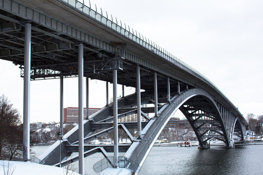 A cold wintry day with the beautiful bridge Västerbron in Stockholm Sweden.
