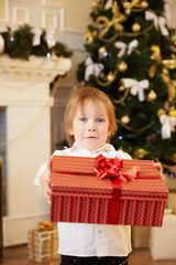 Fototapeta na wymiar the little boy surprised Christmas gifts