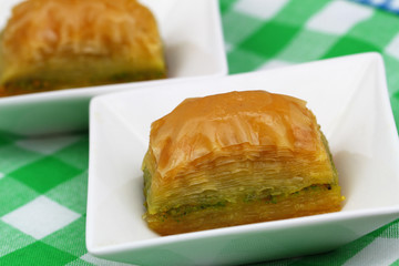 Pistachio baklava, closeup
