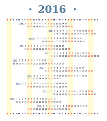 Horizontal calendar for year 2016