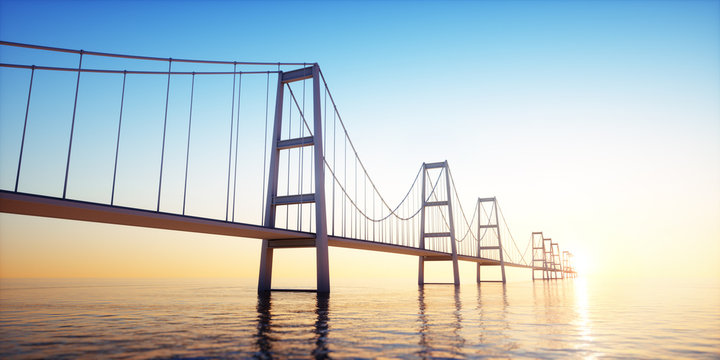 Fototapeta Brücke in den Sonnenuntergang