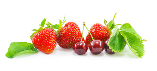 strawberries and cherries isolated on a white background