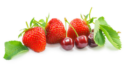 strawberries and cherries isolated on a white background